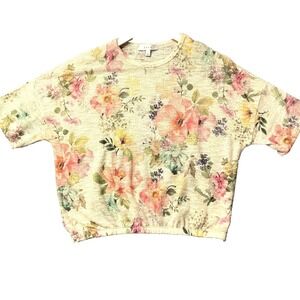Gaze Cottagecore Banana Yellow Floral Knit Cropped Oversize Sweater Top Womens L